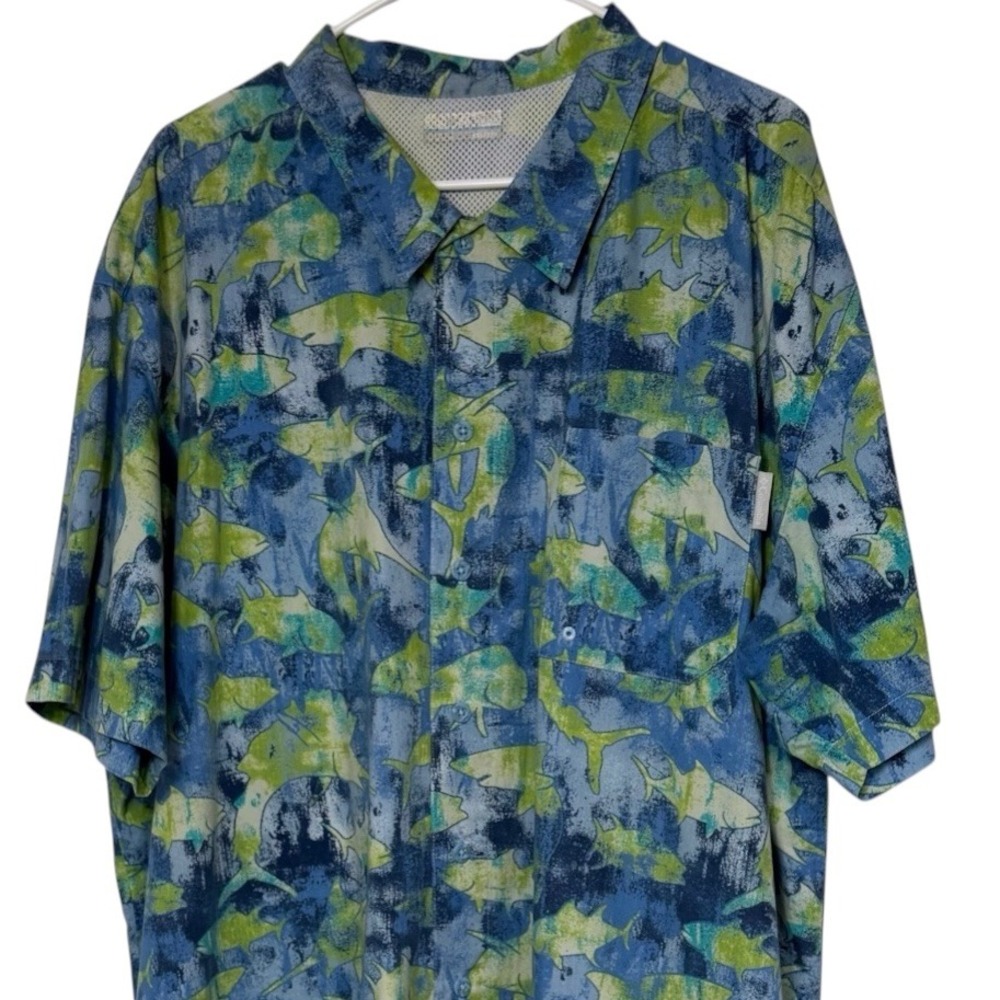 Columbia PFG Mens XXL Blue Lime Green Fish Print Short Sleeve Fishing Shirt